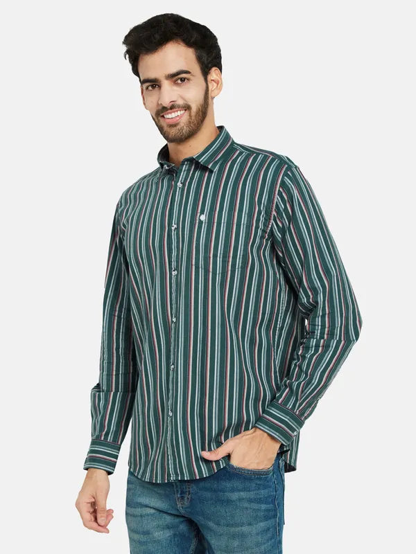 Mettle Men Green Opaque Striped Casual Shirt