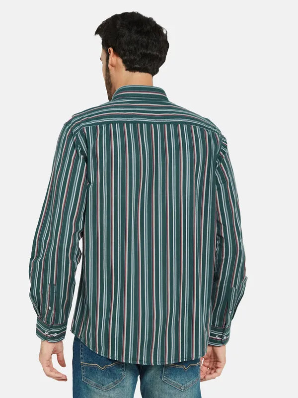 Mettle Men Green Opaque Striped Casual Shirt