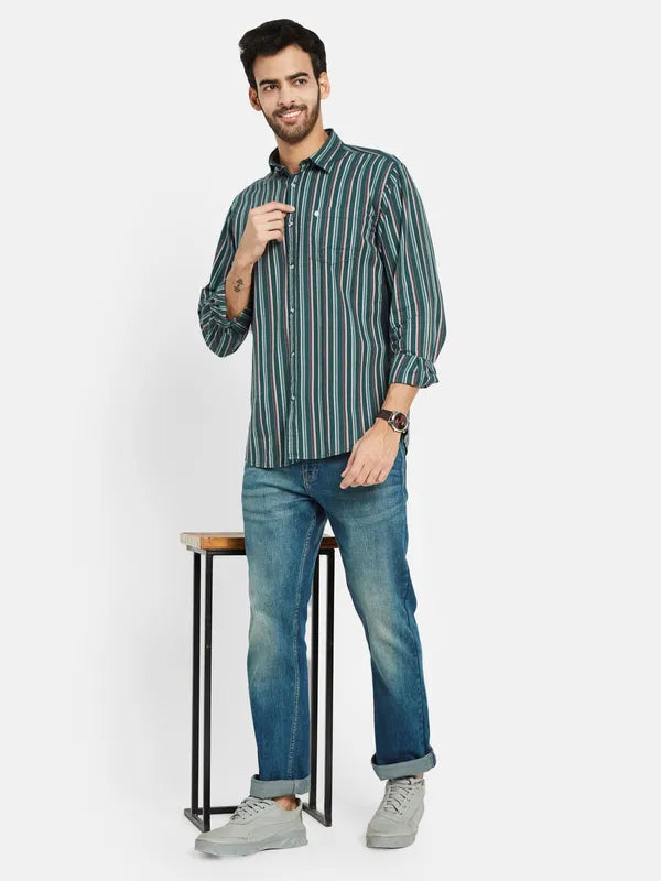 Mettle Men Green Opaque Striped Casual Shirt