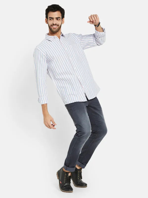 Mettle Men Cream-Coloured Opaque Striped Casual Shirt