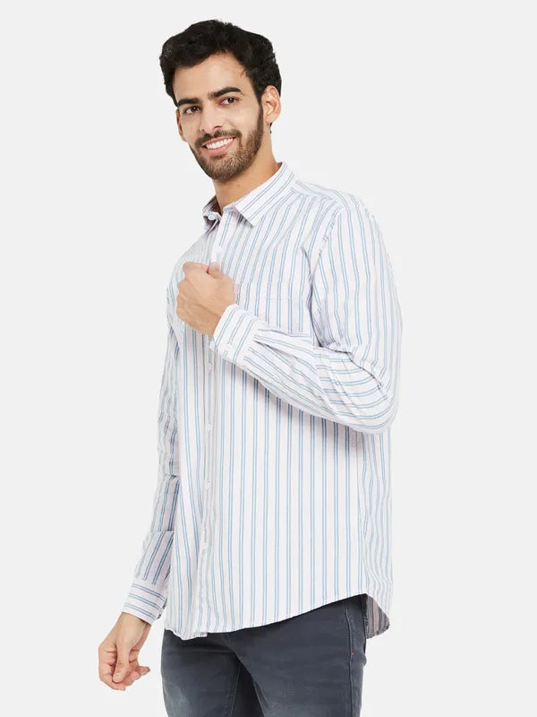 Mettle Men Cream-Coloured Opaque Striped Casual Shirt