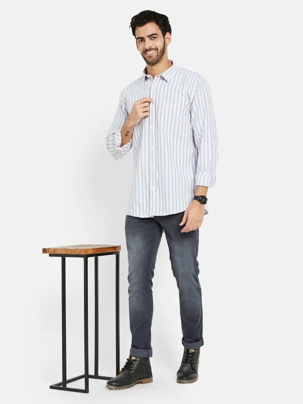 Mettle Men Cream-Coloured Opaque Striped Casual Shirt