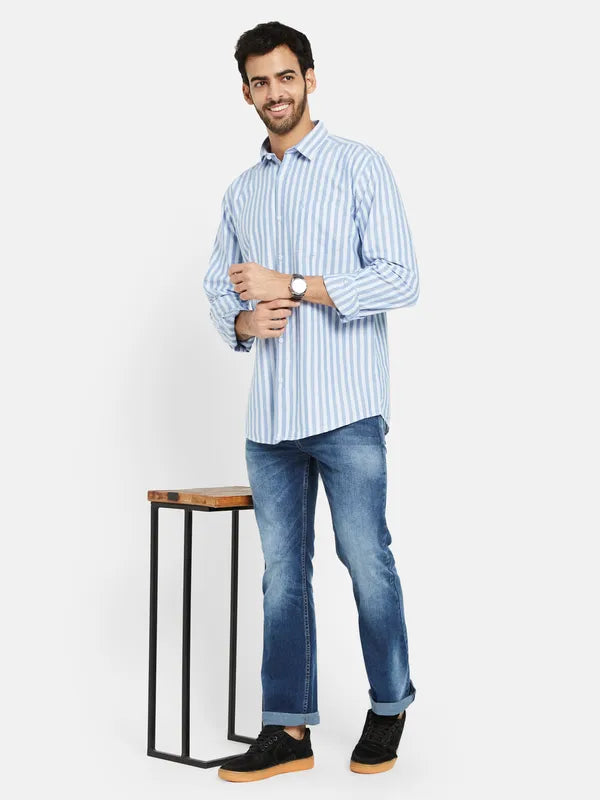 Mettle Men Blue Opaque Striped Casual Shirt