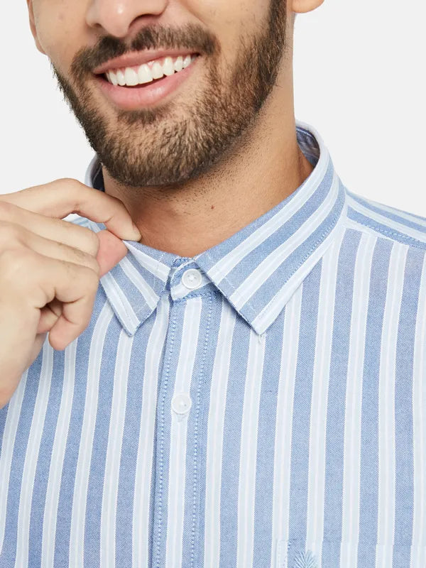 Mettle Men Blue Opaque Striped Casual Shirt