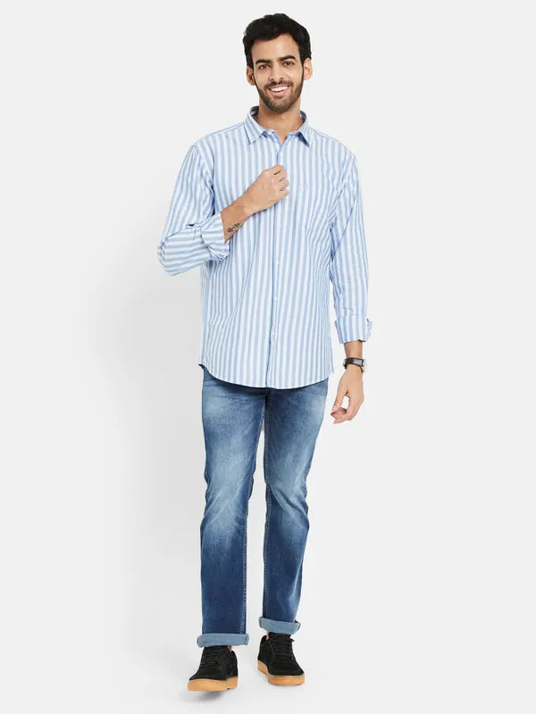 Mettle Men Blue Opaque Striped Casual Shirt