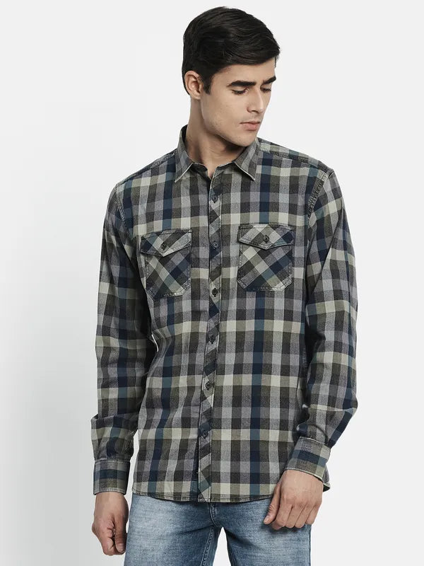 Men Olive Green Tartan Checked Casual Shirt