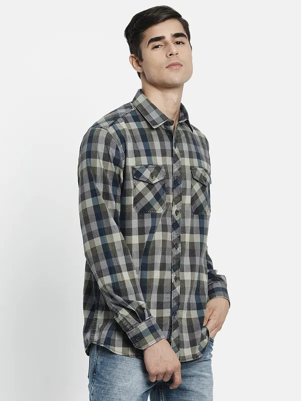 Men Olive Green Tartan Checked Casual Shirt