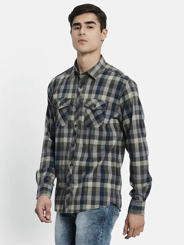 Men Olive Green Tartan Checked Casual Shirt