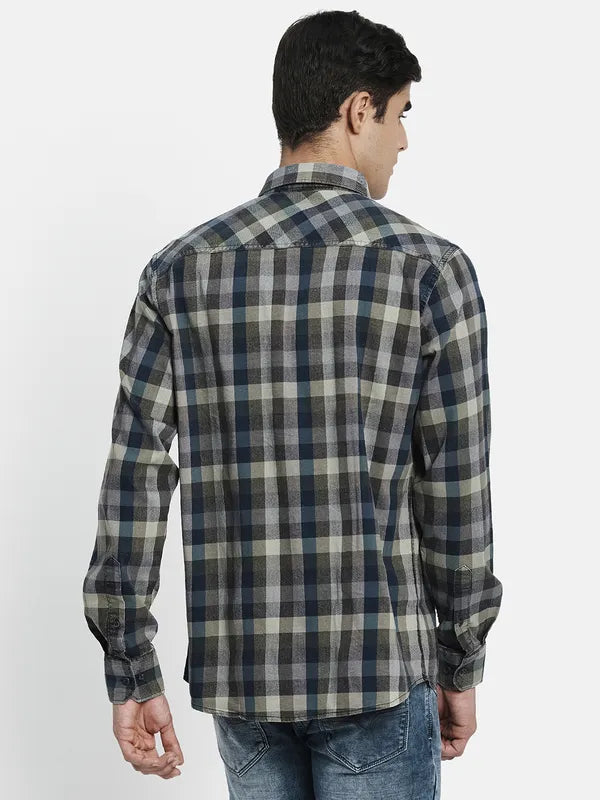 Men Olive Green Tartan Checked Casual Shirt