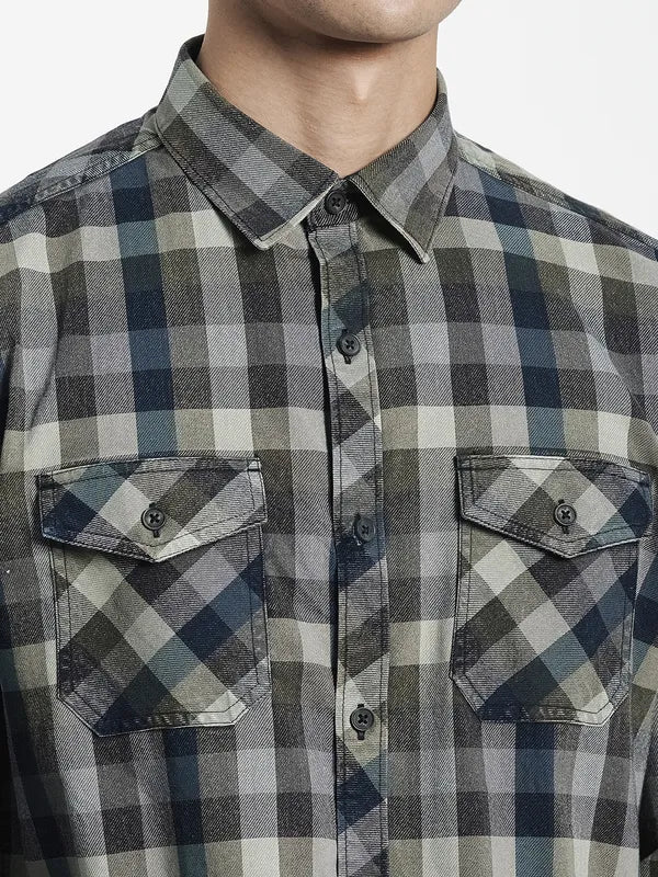 Men Olive Green Tartan Checked Casual Shirt