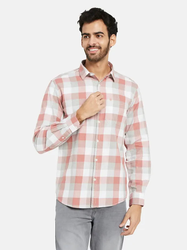 Mettle Men Coral Opaque Checked Casual Shirt