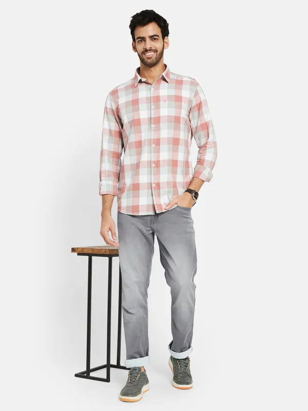 Mettle Men Coral Opaque Checked Casual Shirt