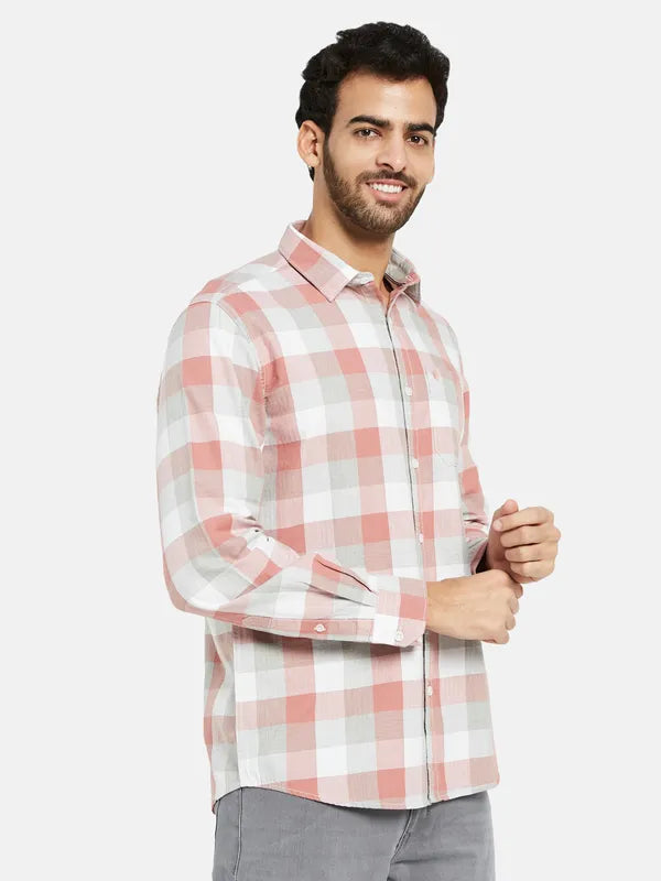 Mettle Men Coral Opaque Checked Casual Shirt