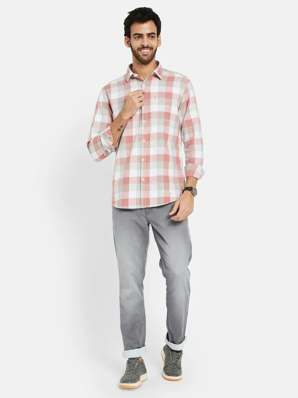 Mettle Men Coral Opaque Checked Casual Shirt