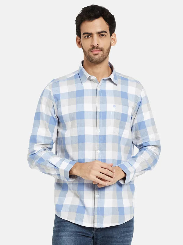 Mettle Men Blue Gingham Checks Opaque Checked Casual Shirt