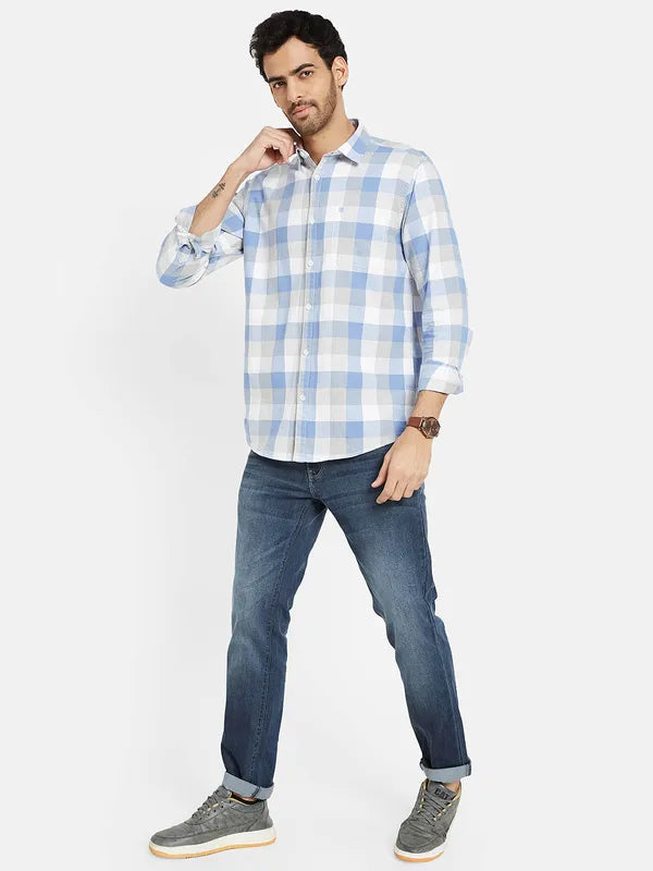 Mettle Men Blue Gingham Checks Opaque Checked Casual Shirt