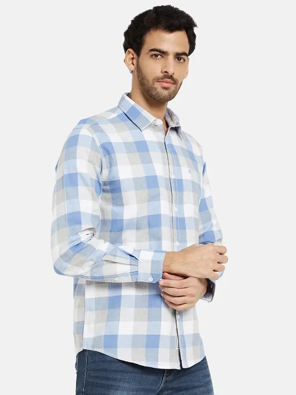 Mettle Men Blue Gingham Checks Opaque Checked Casual Shirt