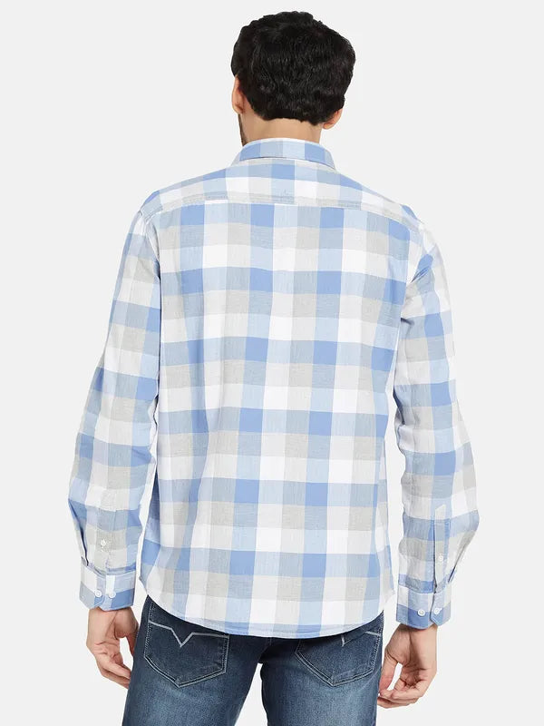 Mettle Men Blue Gingham Checks Opaque Checked Casual Shirt