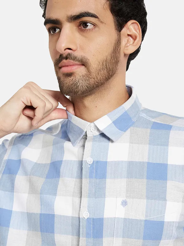 Mettle Men Blue Gingham Checks Opaque Checked Casual Shirt