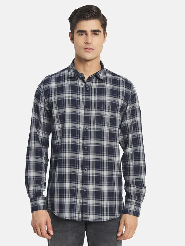 Mettle Men Grey Tartan Checked Casual Shirt