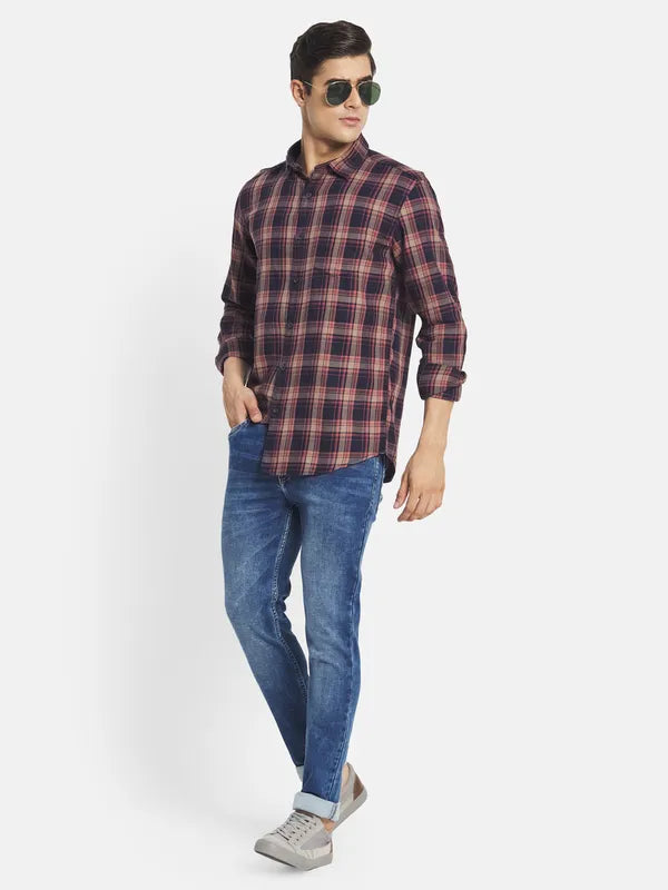 Mettle Men Maroon Tartan Checks Checked Casual Shirt