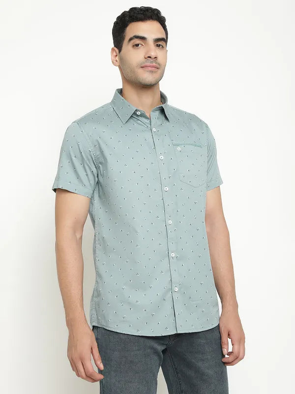 Mettle Men Olive Green Opaque Printed Casual Shirt