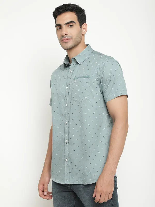 Mettle Men Olive Green Opaque Printed Casual Shirt