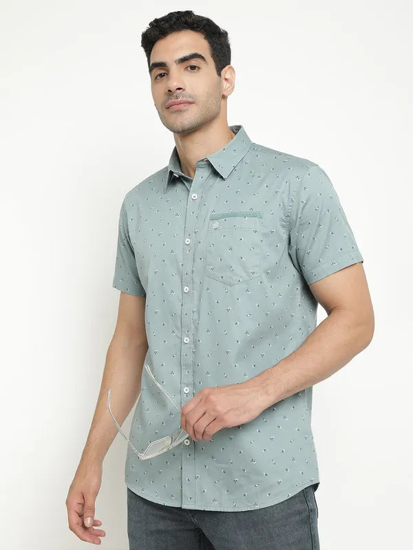 Mettle Men Olive Green Opaque Printed Casual Shirt