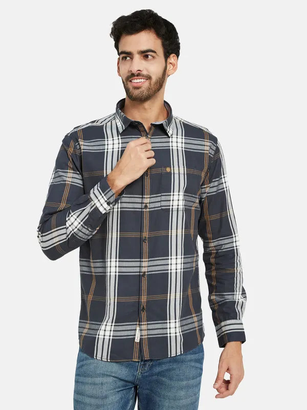 Mettle Men Grey Tartan Checks Opaque Checked Casual Shirt