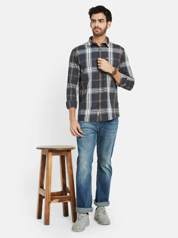 Mettle Men Grey Tartan Checks Opaque Checked Casual Shirt