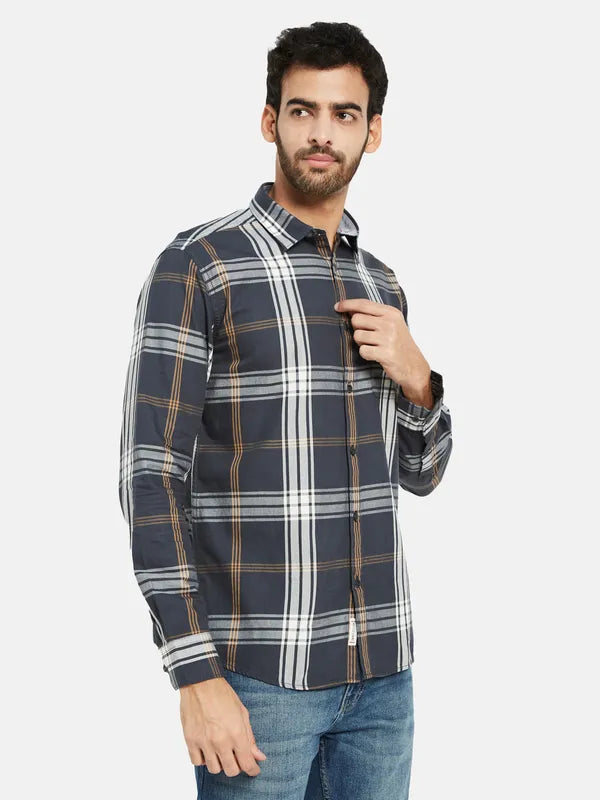 Mettle Men Grey Tartan Checks Opaque Checked Casual Shirt