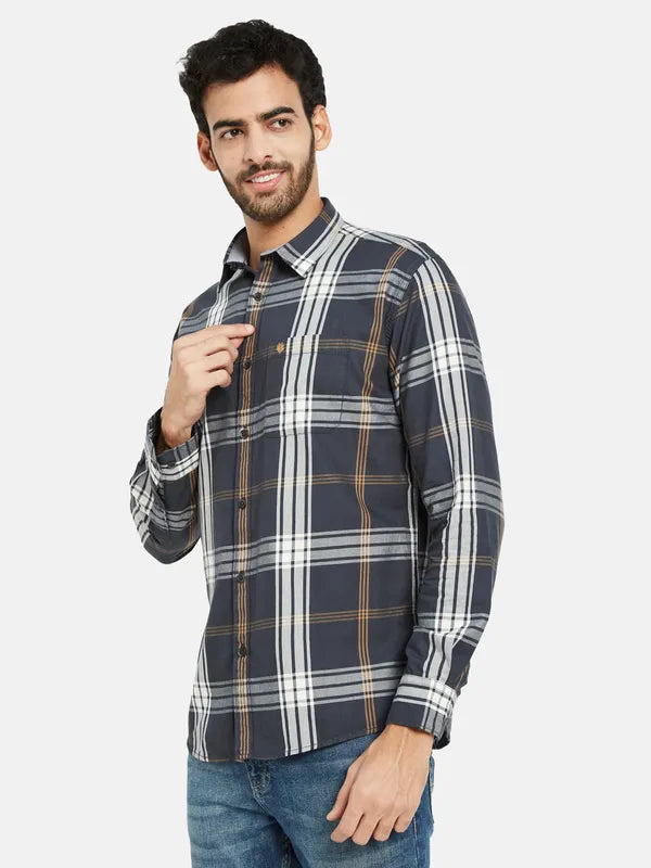 Mettle Men Grey Tartan Checks Opaque Checked Casual Shirt