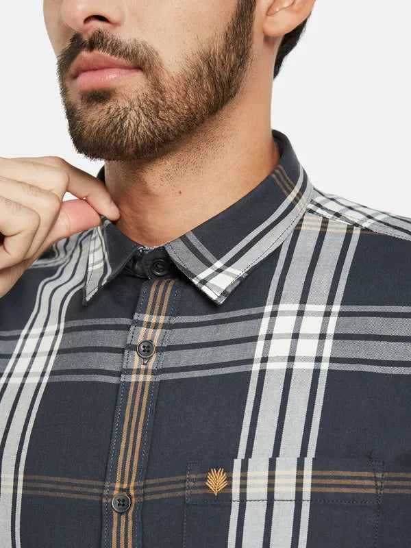 Mettle Men Grey Tartan Checks Opaque Checked Casual Shirt