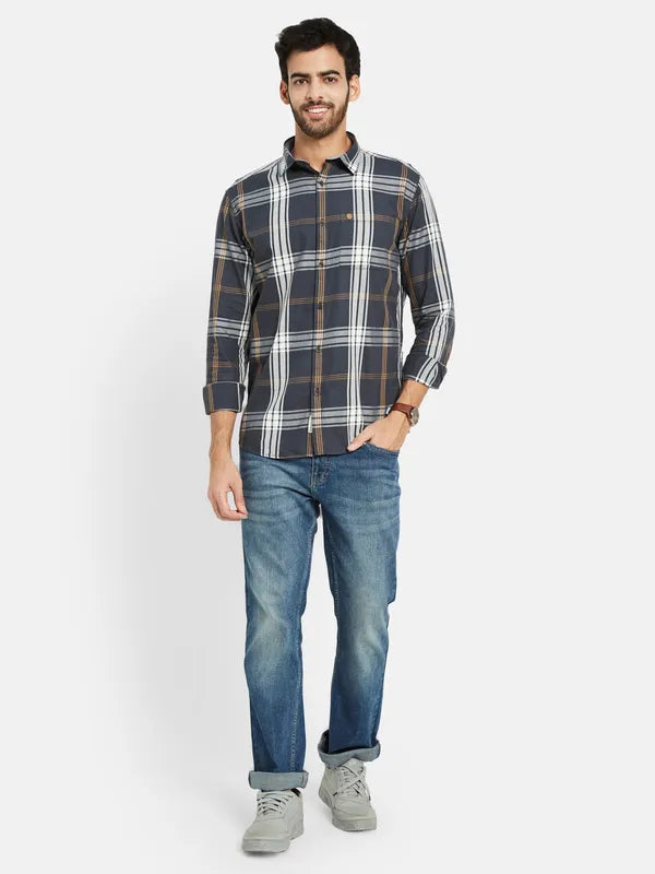 Mettle Men Grey Tartan Checks Opaque Checked Casual Shirt