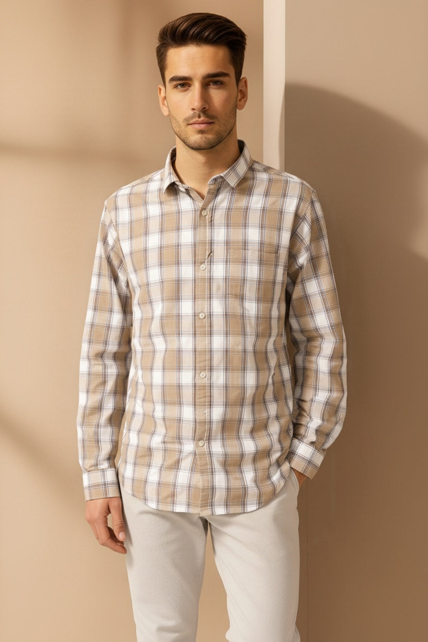 Men Natural Checked Polo Neck Casual Shirt