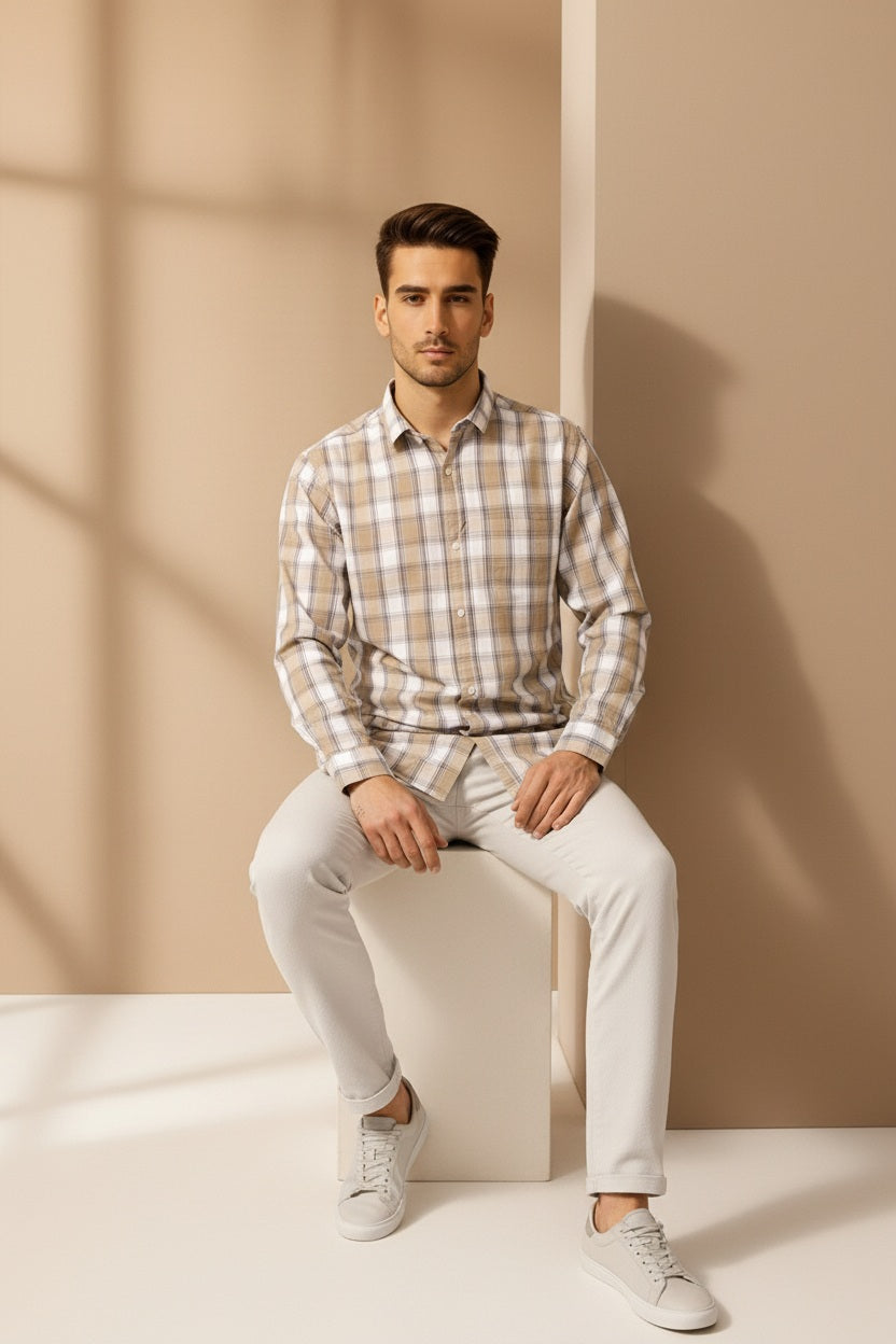Men Natural Checked Polo Neck Casual Shirt