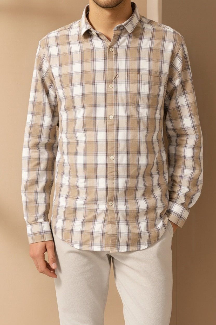 Men Natural Checked Polo Neck Casual Shirt