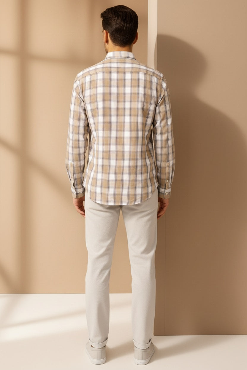 Men Natural Checked Polo Neck Casual Shirt
