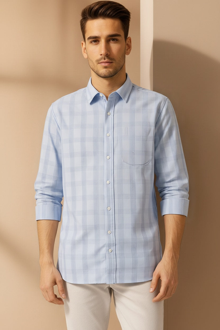 Men Sky Checked Polo Neck Casual Shirt
