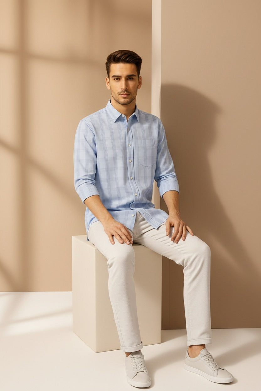 Men Sky Checked Polo Neck Casual Shirt