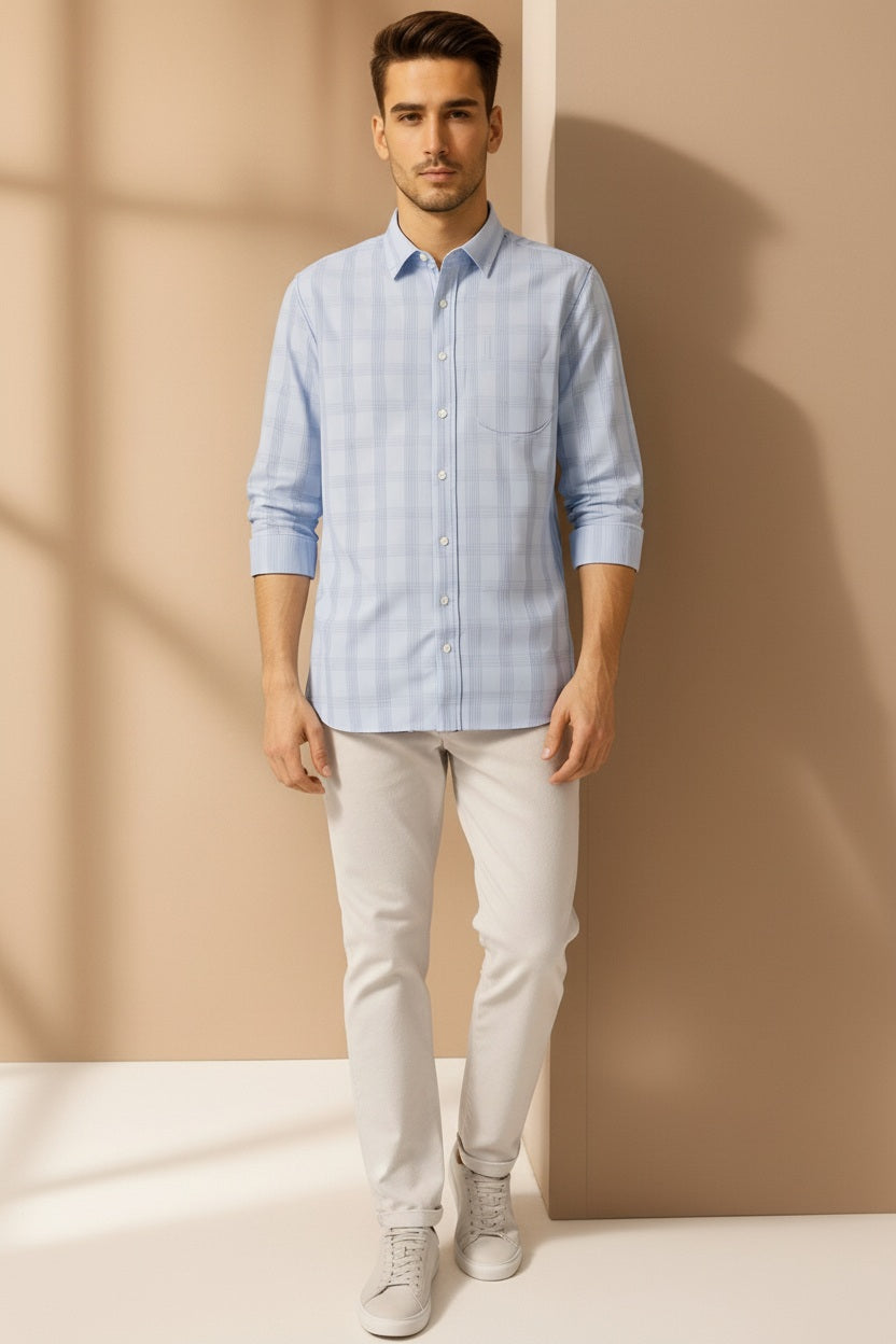 Men Sky Checked Polo Neck Casual Shirt