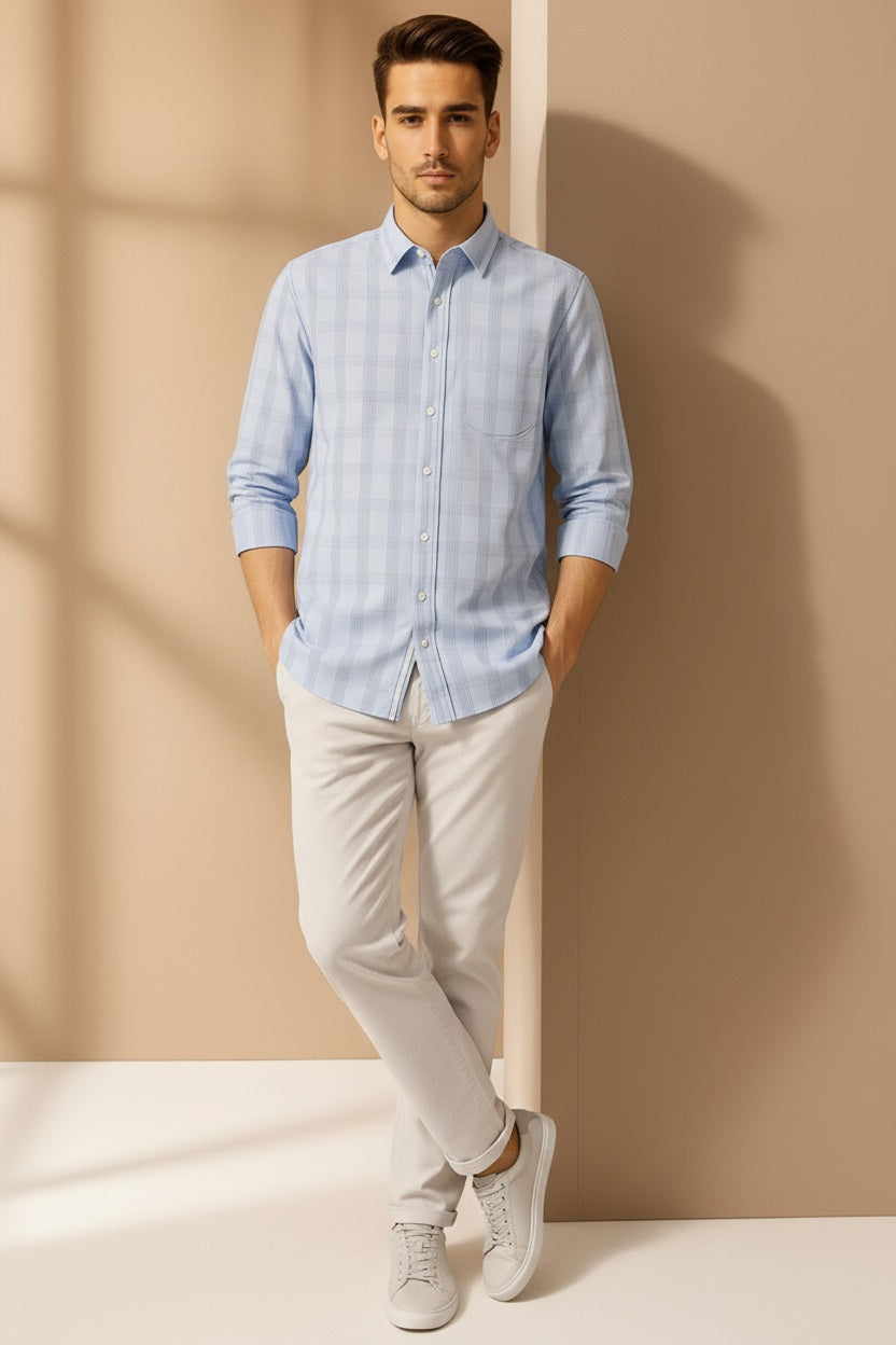 Men Sky Checked Polo Neck Casual Shirt