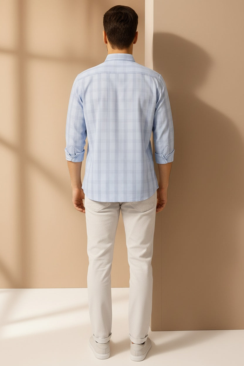 Men Sky Checked Polo Neck Casual Shirt