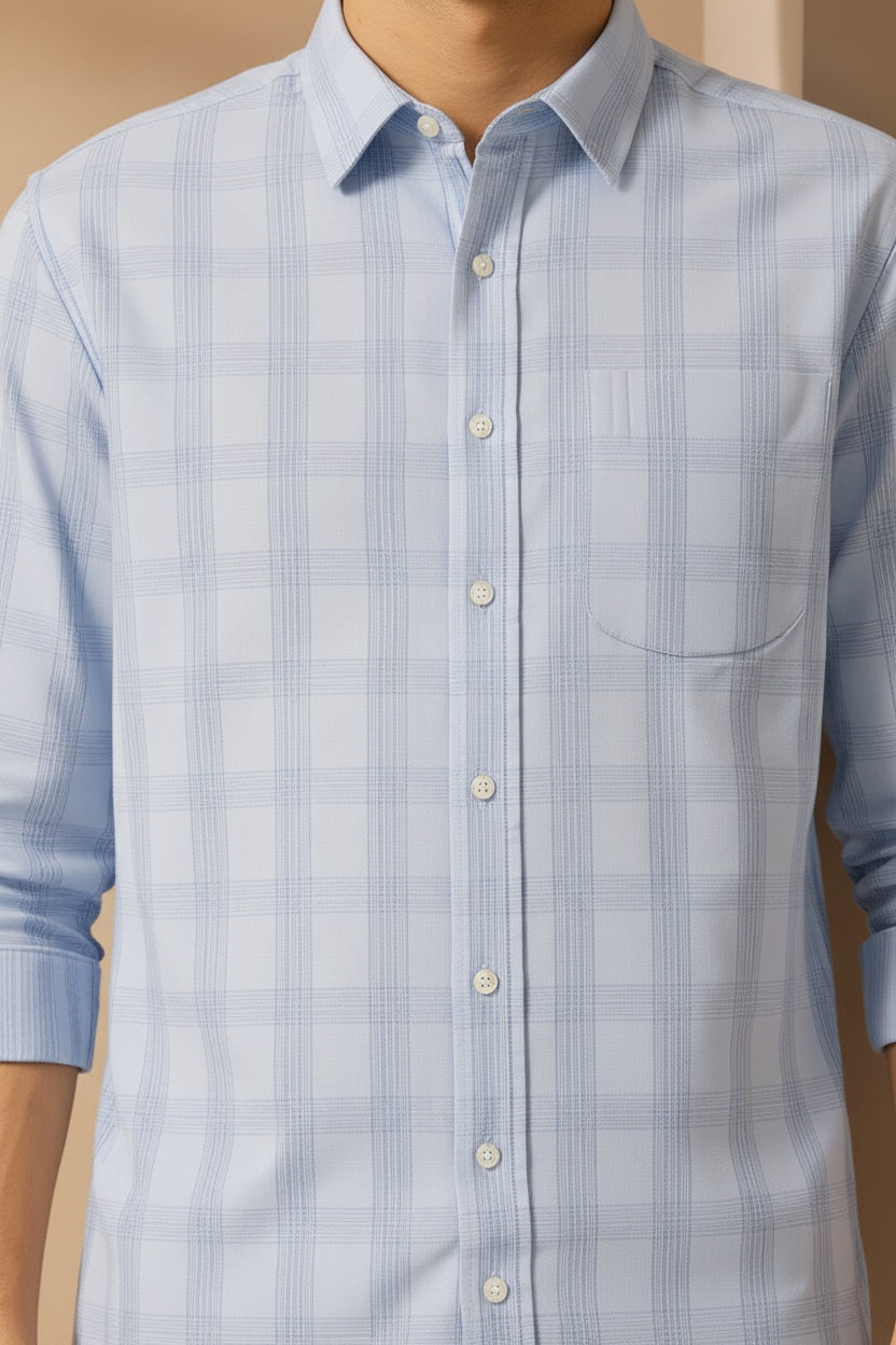 Men Sky Checked Polo Neck Casual Shirt