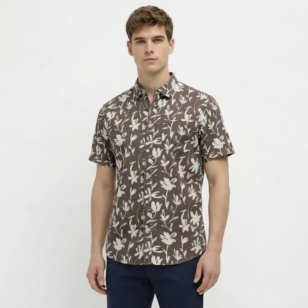 METTLE Men Coffee Floral Printed Casual Shirt