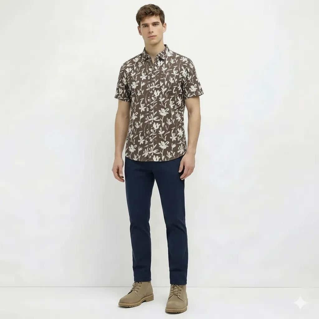 METTLE Men Coffee Floral Printed Casual Shirt