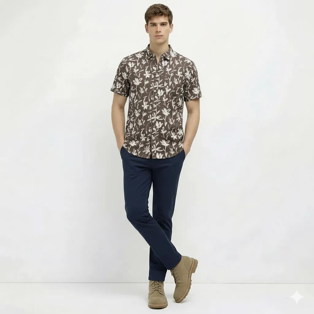 METTLE Men Coffee Floral Printed Casual Shirt