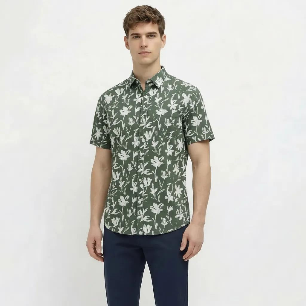 METTLE Men Mountain Green Floral Printed Casual Shirt