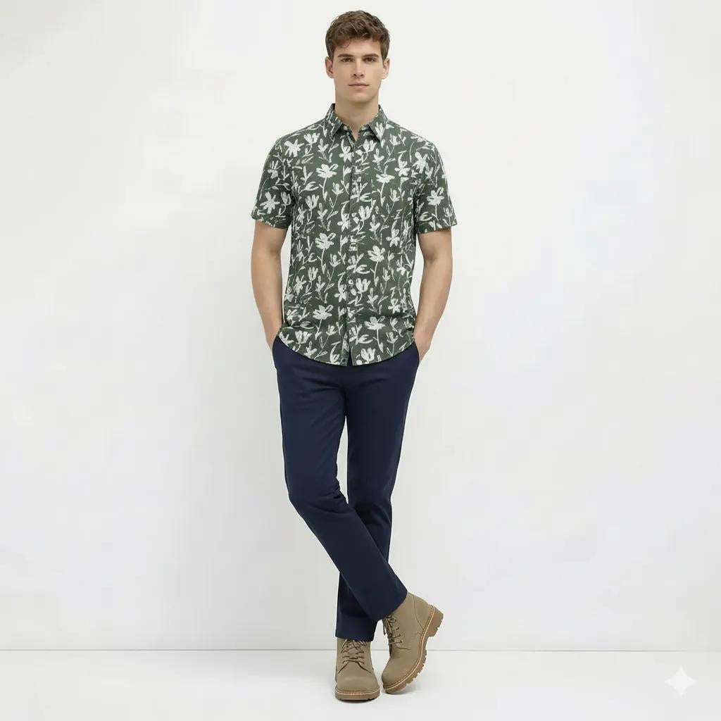 METTLE Men Mountain Green Floral Printed Casual Shirt