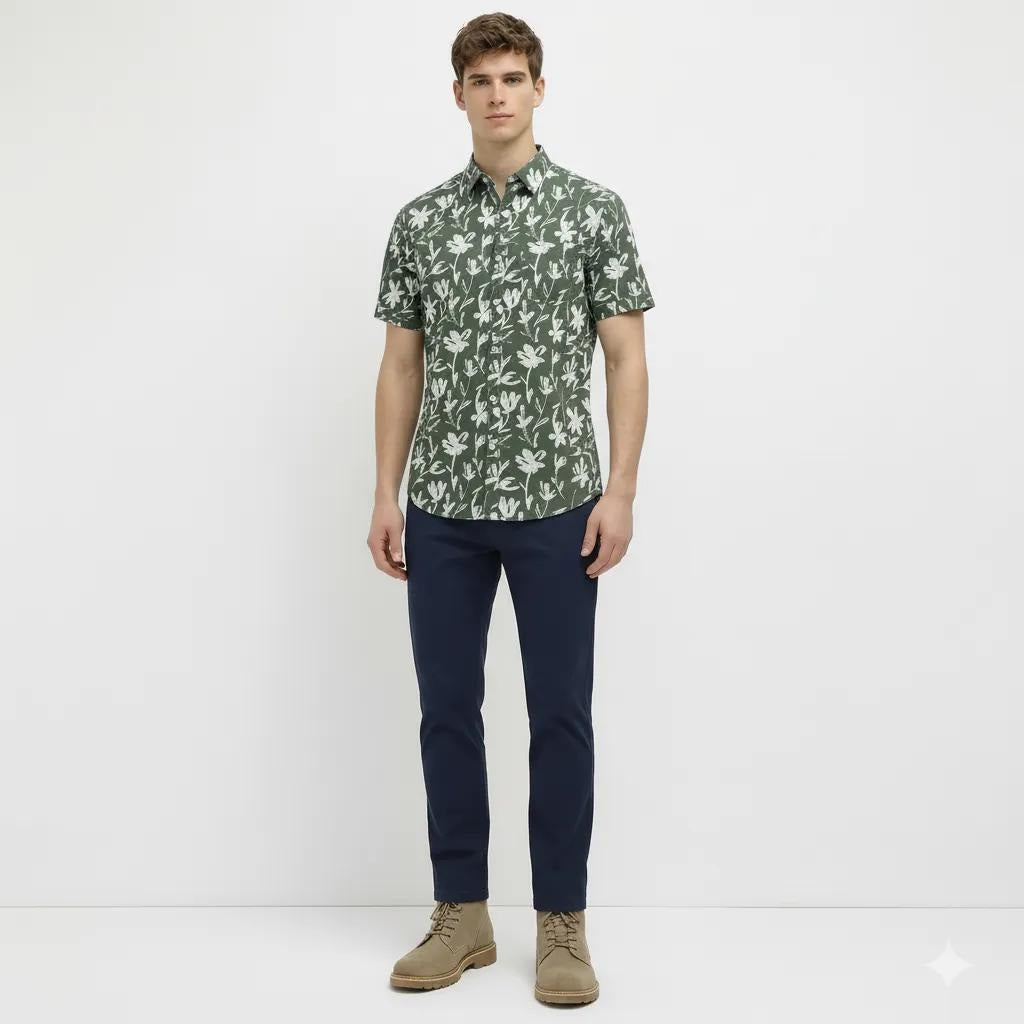 METTLE Men Mountain Green Floral Printed Casual Shirt